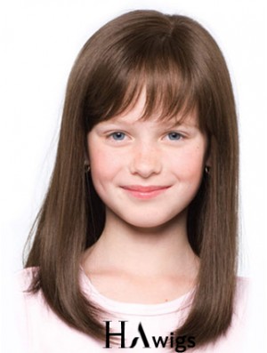 Straight Shoulder Length Brown Synthetic 100% Hand-tied Kids Wigs