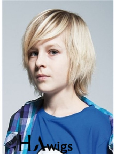 Straight Chin Length Blonde Remy Human Hair Capless Kids Wigs