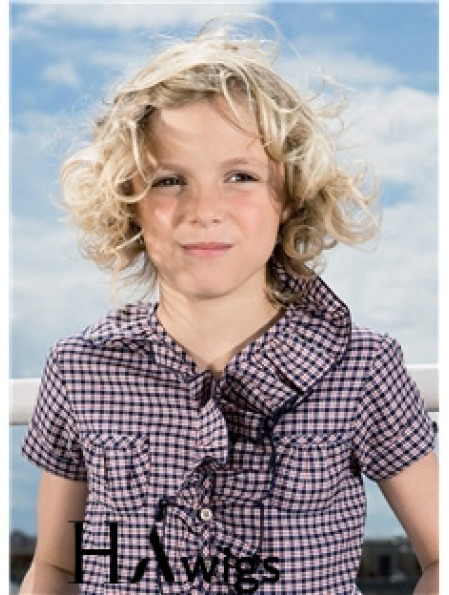 Curly Chin Length Blonde Synthetic 100% Hand-tied Kids Wigs