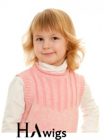 Wavy Shoulder Length Blonde Remy Human Hair 100% Hand-tied Kids Wigs