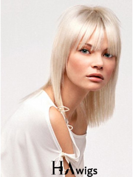 Lace Front With Bangs Shoulder Length Straight 14 inch Platinum Blonde No-Fuss Fashion Wigs