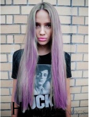 Fashionable Ombre/2 Tone Long Straight Without Bangs 28 inch Human Lace Wigs