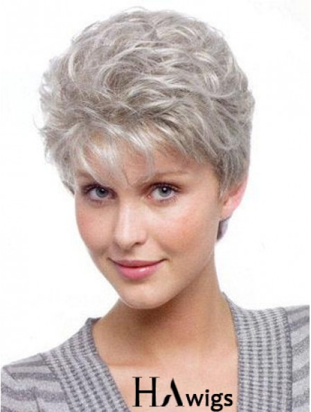 Light Weight Wigs For Elderly Lady With Synthetic Grey Cut Wavy Style