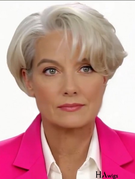 Grey Short Remy Human Hair Capless Wavy Wigs for Lady 8 Inch