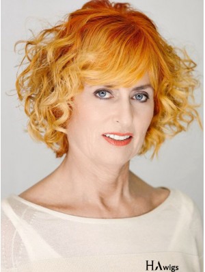 Fabulous Copper Chin Length Curly With Bangs 12 inch Human Hair Wigs