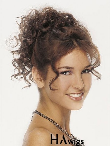 Clip On Hairpieces For Women Brown Color Curly Style With Synthetic